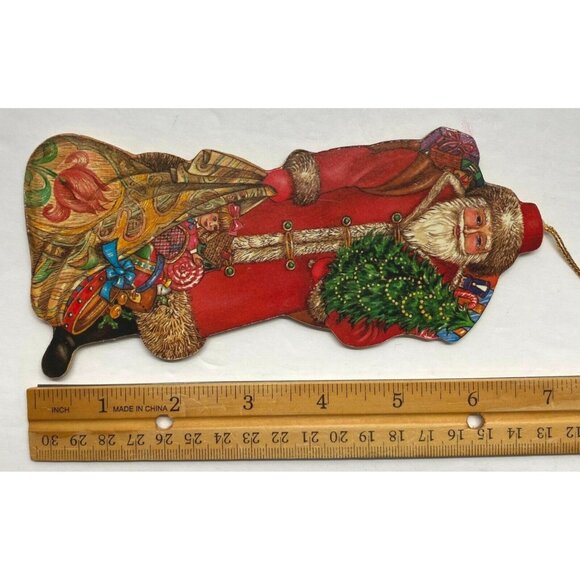 Vintage Victorian Santa Christmas Tree Ornament Wooden Flat Holiday Decoration - Picture 3 of 6